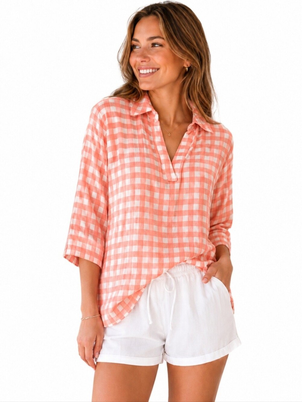 Soft Surroundings Coral Gingham Tunic Top Large Rayon Popover Beach Coastal